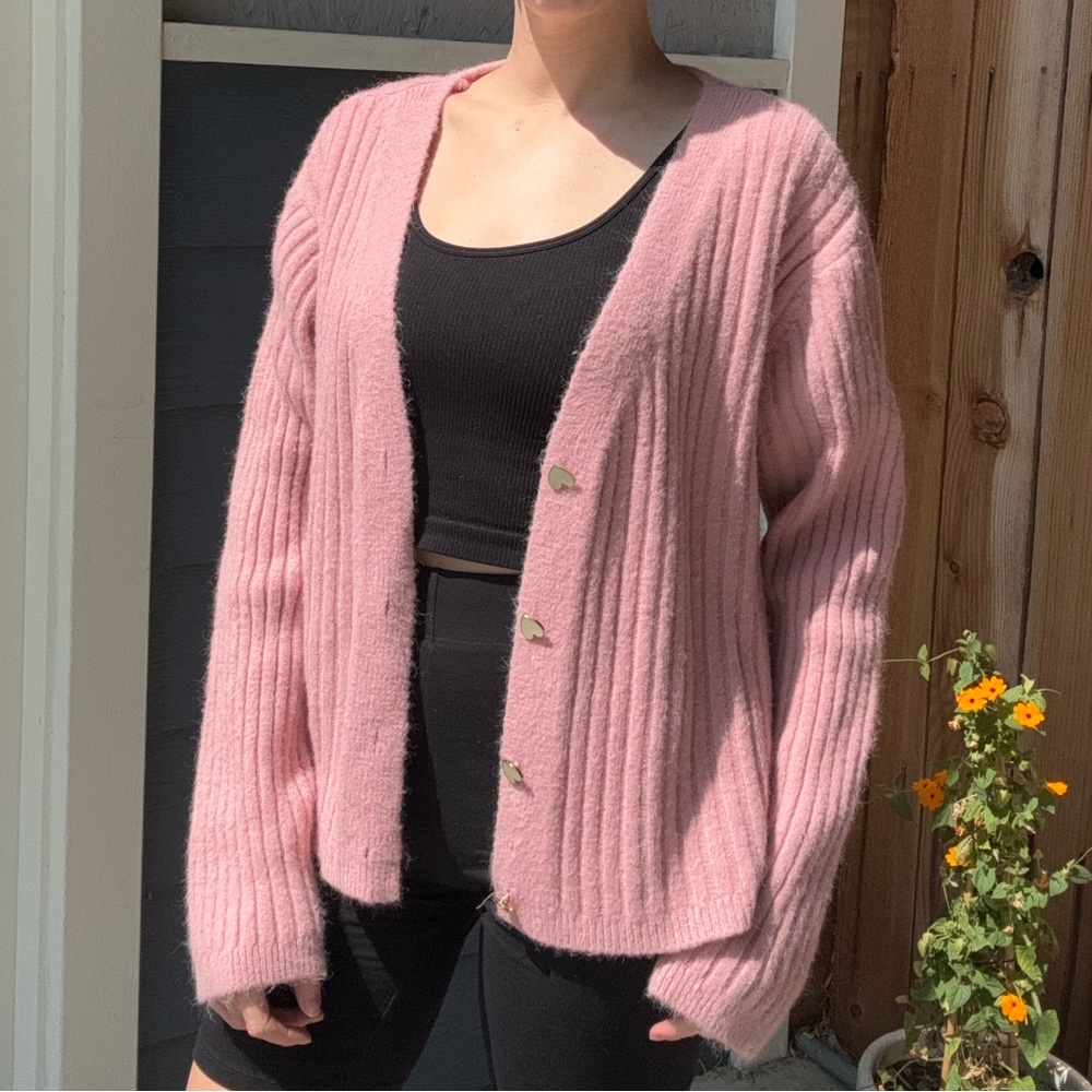 Pink Acrylic Wool Sweater with Heart Buttons